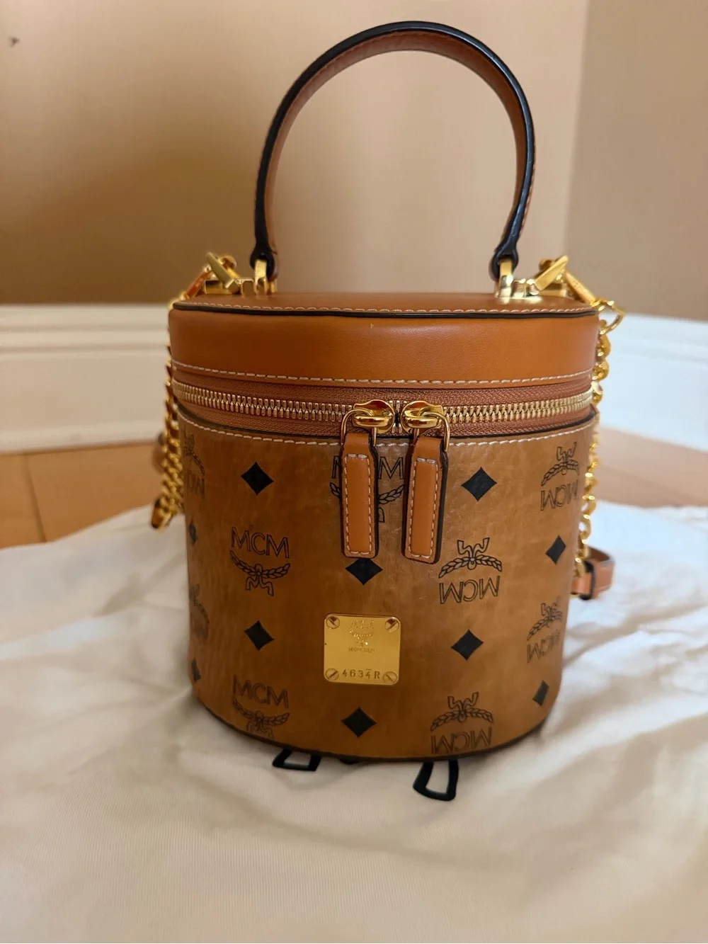 MCM Cognac Visetos Barrel Crossbody with Gold Hardware - Picture 1 of 6